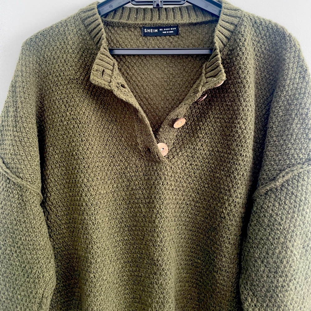 SHEIN Olive Green Button Up Knit Sweater Loose Drop Shoulder Cardigan Large
